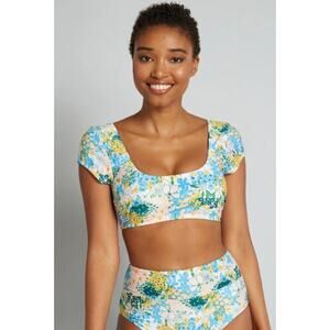 ModCloth Plus Size 3X Amari Crop Bikini Top Swimwear Blue Floral Lace Up Back